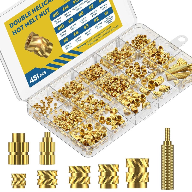 Vibit 451 Pcs Threaded Inserts for Plastic, M2 M2.5 M3 M4 M5 M6 Heat Set Inserts with Soldering Tip & Adapter, Brass Heat Inserts, Metric Knurled Nut Inserts Kit for 3D Printing Components - Image 1